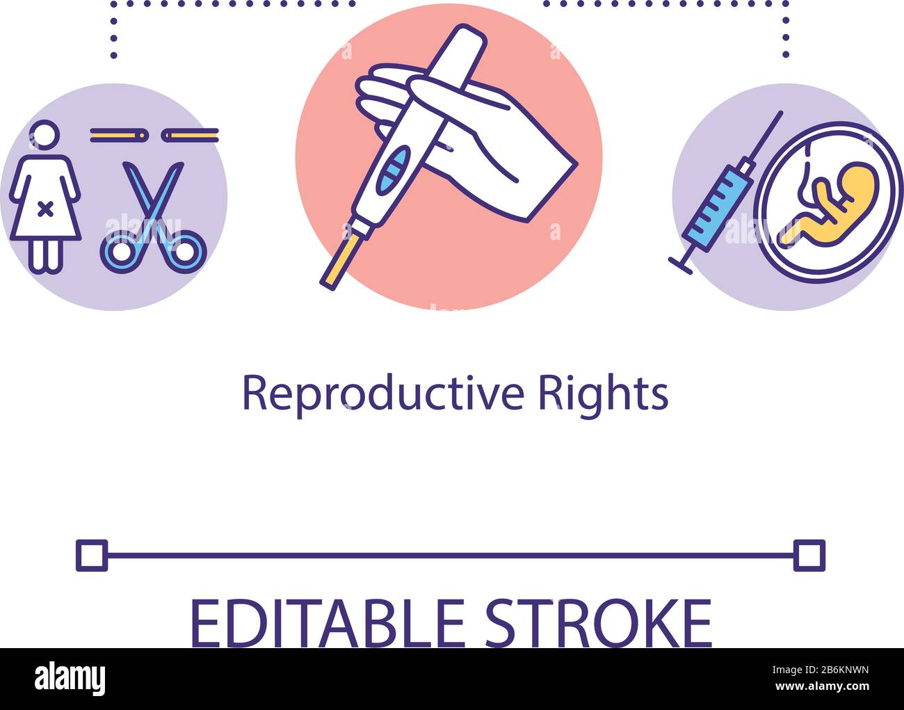 Icono del concepto de derechos reproductivos. Aborto, control de la natalidad, esterilización femenina. Ilustración de la línea delgada de la prueba de embarazo positiva. Vector aislado Ilustración del Vector