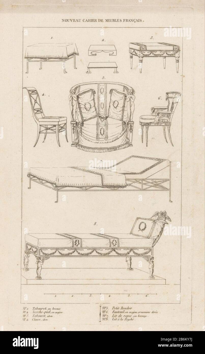 ocho muebles imperiales como taburetes, dos sillas, un sillón y dos  tumbonas. En el margen inferior un beschrij francés. Fabricante : impresor  Escritorio (posible) en su diseño: Bureau (posiblemente) Lugar de  fabricación:
