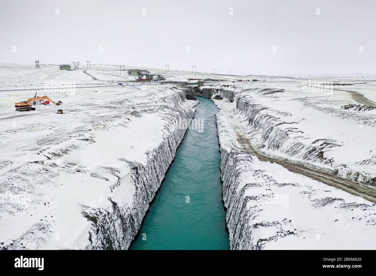 Central hidroeléctrica de Sultartangavirkjun, tierras altas centrales, Islandia Foto de stock