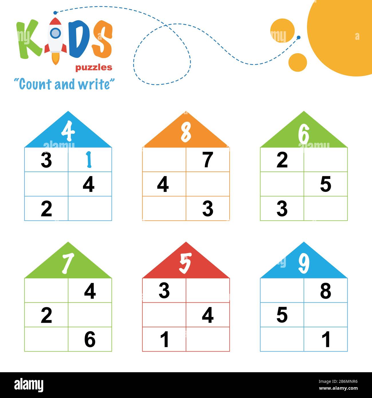 Fácil conteo de matemáticas coloridas y escribir la práctica de la hoja de  trabajo para los niños de preescolar y de la escuela primaria Imagen Vector  de stock - Alamy