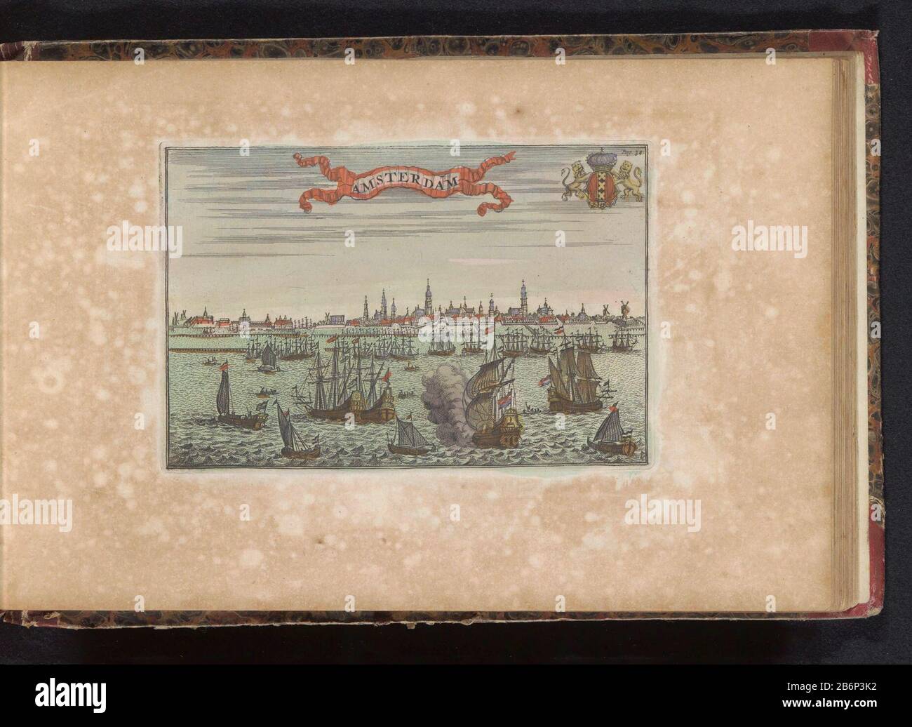 Gezicht op Amsterdam Amsterdam (titel op object) Vista de Amsterdam, en  primer plano barcos en el IJ. Parte de un atlas de 223 mapas de países y  ciudades y escenas de guerra
