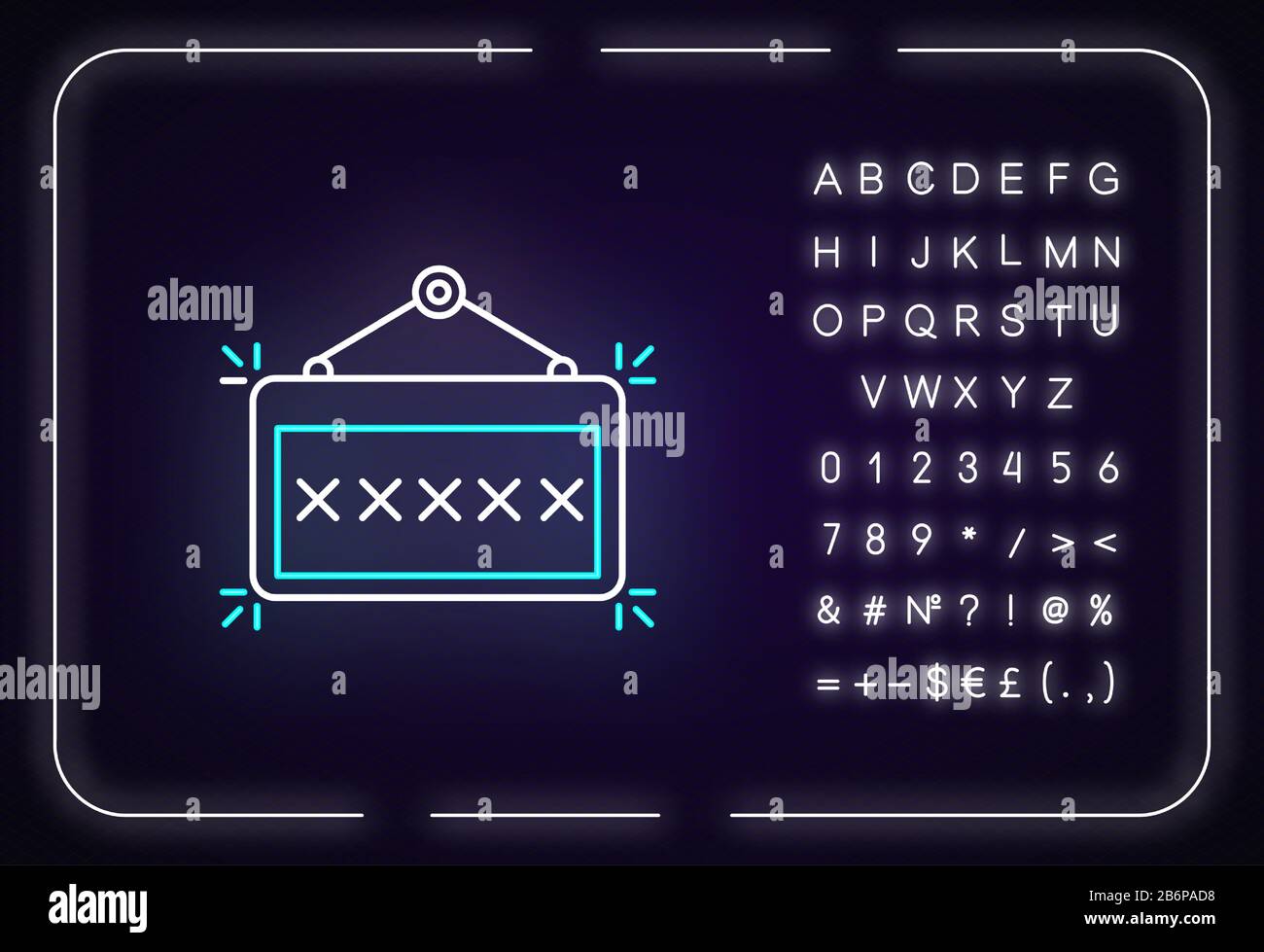 Icono de luz de neón de cartel. Efecto brillante exterior. Firmar con alfabeto, números y símbolos. Señal de la puerta de la discoteca. Tabla para colgar con información Ilustración del Vector