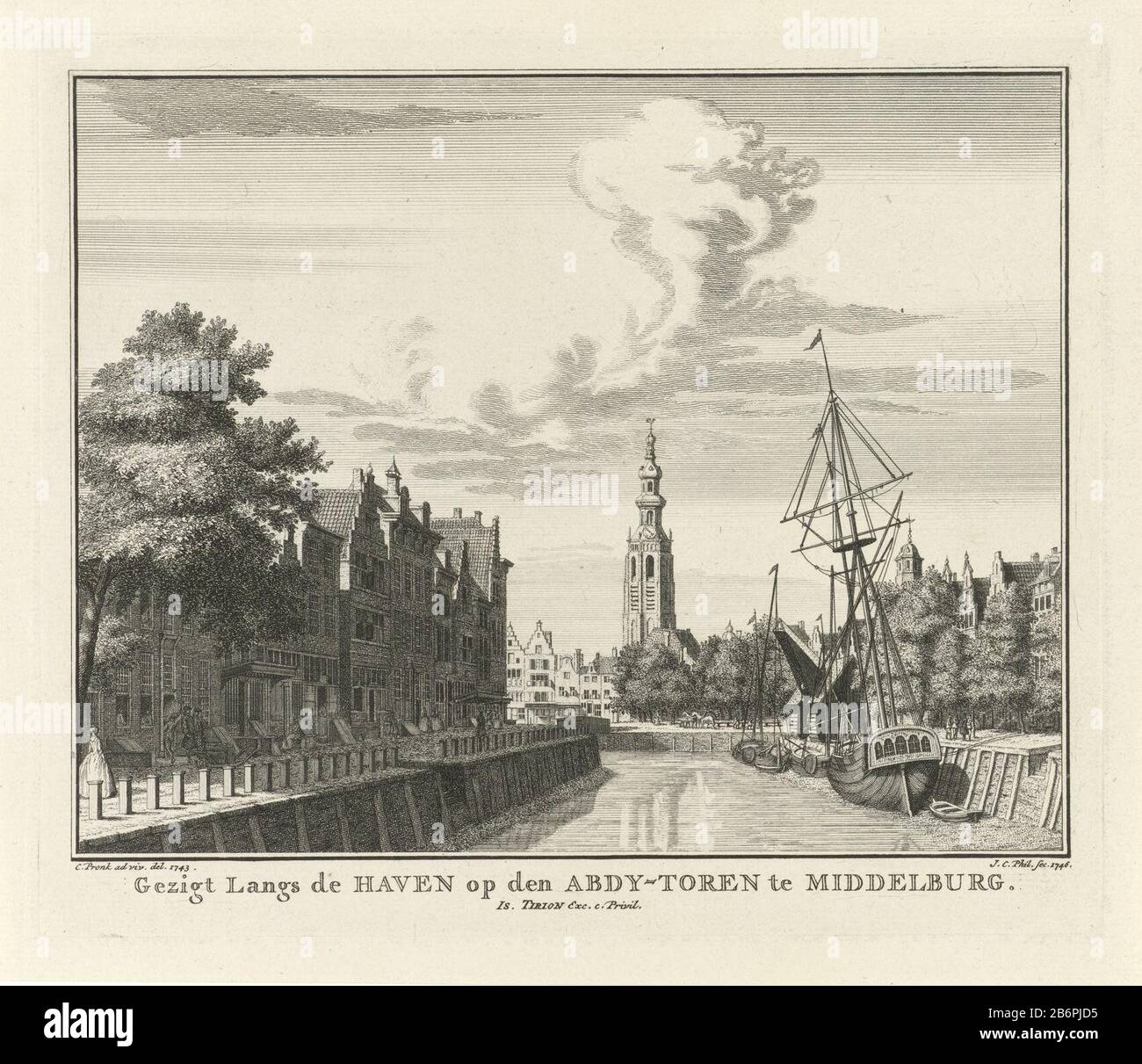 Gezicht op de Lange Jan (Abdijtoren) te Middelburg, 1743 gezigt wald de  haven op den Abdy-toren te Middelburg (objeto de titel op) Vista de la  Lange Jan, también conocida como la Torre