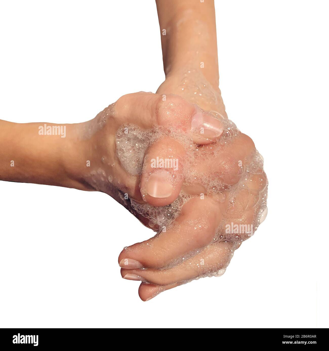 Higiene del lavado de manos usando jabón y agua para limpiar la piel sucia y contaminada para evitar enfermedades o la gripe lavando las manos y limpiando los dedos. Foto de stock