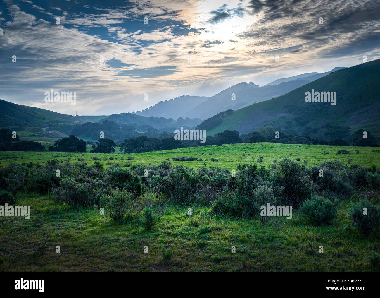 Campo verde y cielo azul con nubes claras en el sur de California Foto de stock