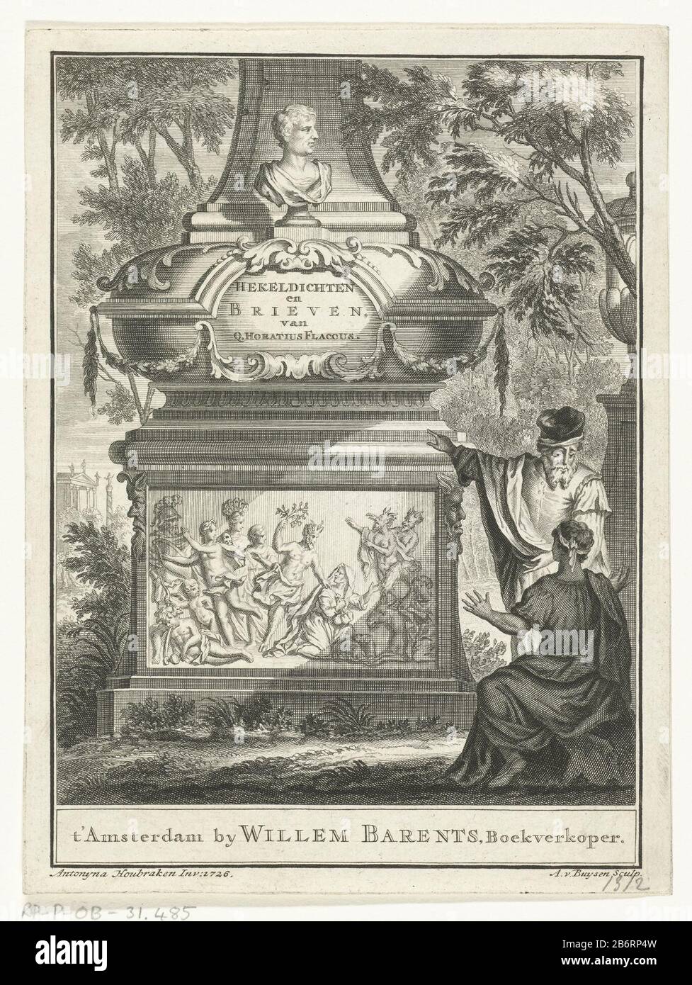 grafmonument conocio a afbeelding van een bacchanaal titelpagina voor quintus horatius flaccus hekeldichten en brieven amsterdam 1726 dos hombres mirando una tumba donde una imagen de una fiesta en honor del dios