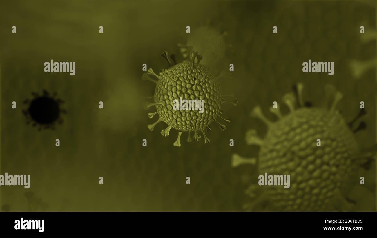 Antecedentes de coronavirus, muchos virus con desenfoque y espacio de copia Foto de stock