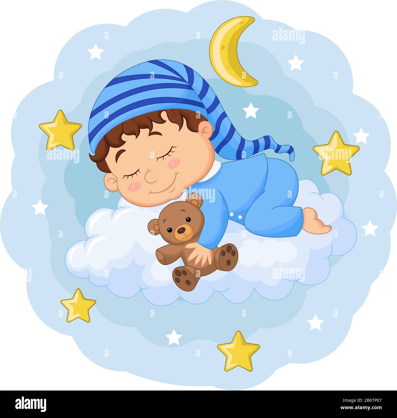 Bebé de dibujos animados durmiendo con oso de peluche en las nubes Imagen  Vector de stock - Alamy