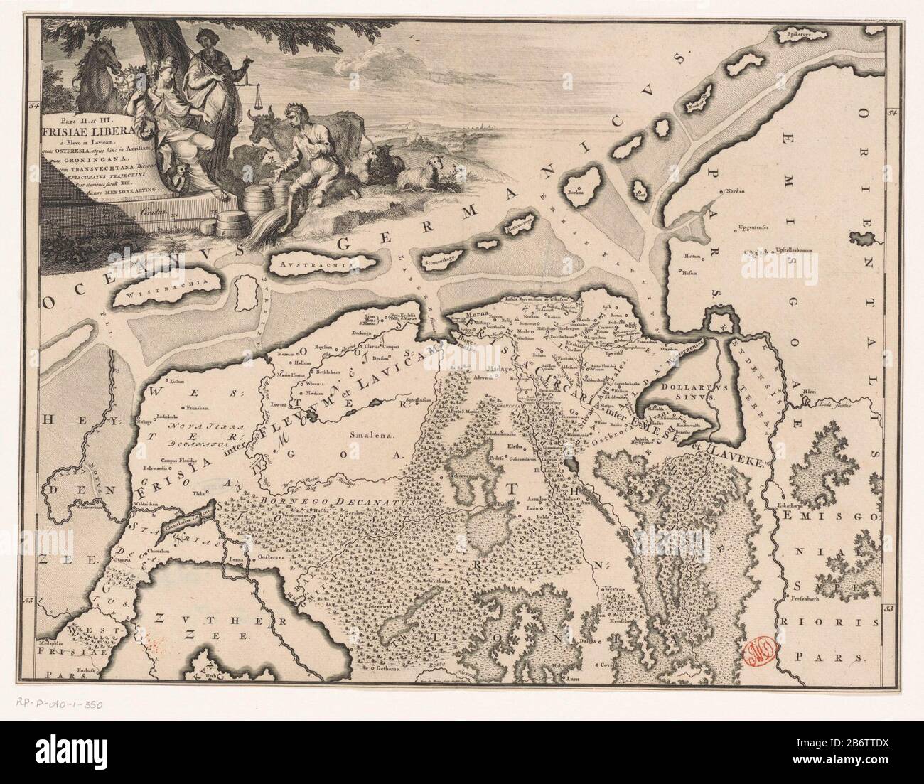 Historische kaart van Nederland met de gebieden van de Bataven en Friezen Pars II et III Frisiae liberae a flevo in Lavicam (objeto de titel op) Mapa de las zonas frisanas del norte de Holanda en la época romana. Arriba izquierda una cartouche con título, también una mujer que lleva el cuerno de la abundancia (posible Concordia), Jestitia y una figura masculina arrodillada. Escala Stok Cartouche inferior: Graduaciones de Triens. Distribución del grado a lo largo de la izquierda y rechterrand. Fabricante : impresor: Gerrit de Broen (I) (edificio de la lista) impresor Joseph Mulder (edificio de la lista) en su diseño: Joseph Mulder (propiedad de la lista) escritor: Men Foto de stock