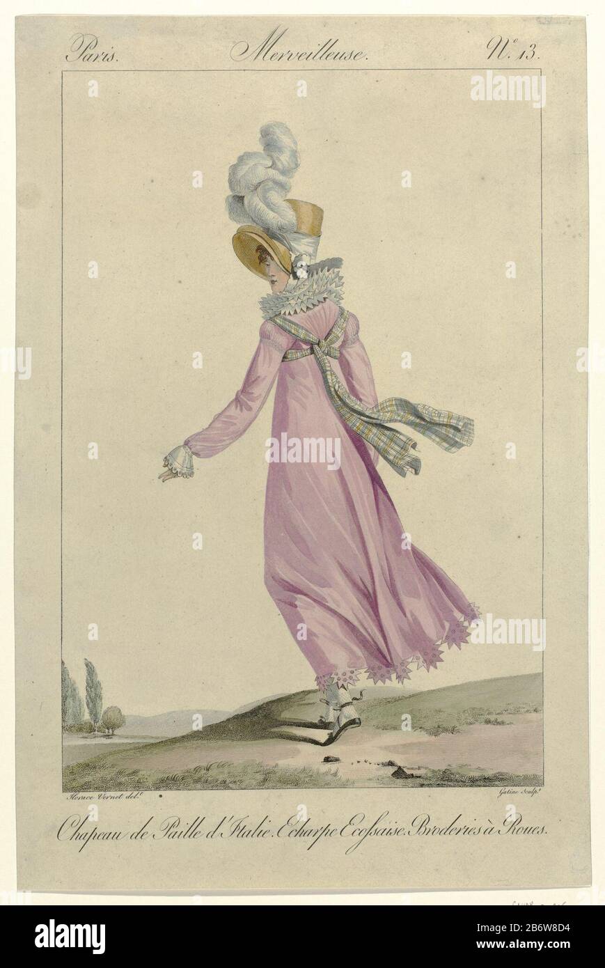 Incroyables et Merveilleuses, 1812, Merveilleuse, no 13 Chapeau de Paille  d'Itali () 'Merveilleuse ', visto desde la espalda, con la cabeza de un  sombrero' paille d'Italie. Tartan bufanda anudada en la espalda.