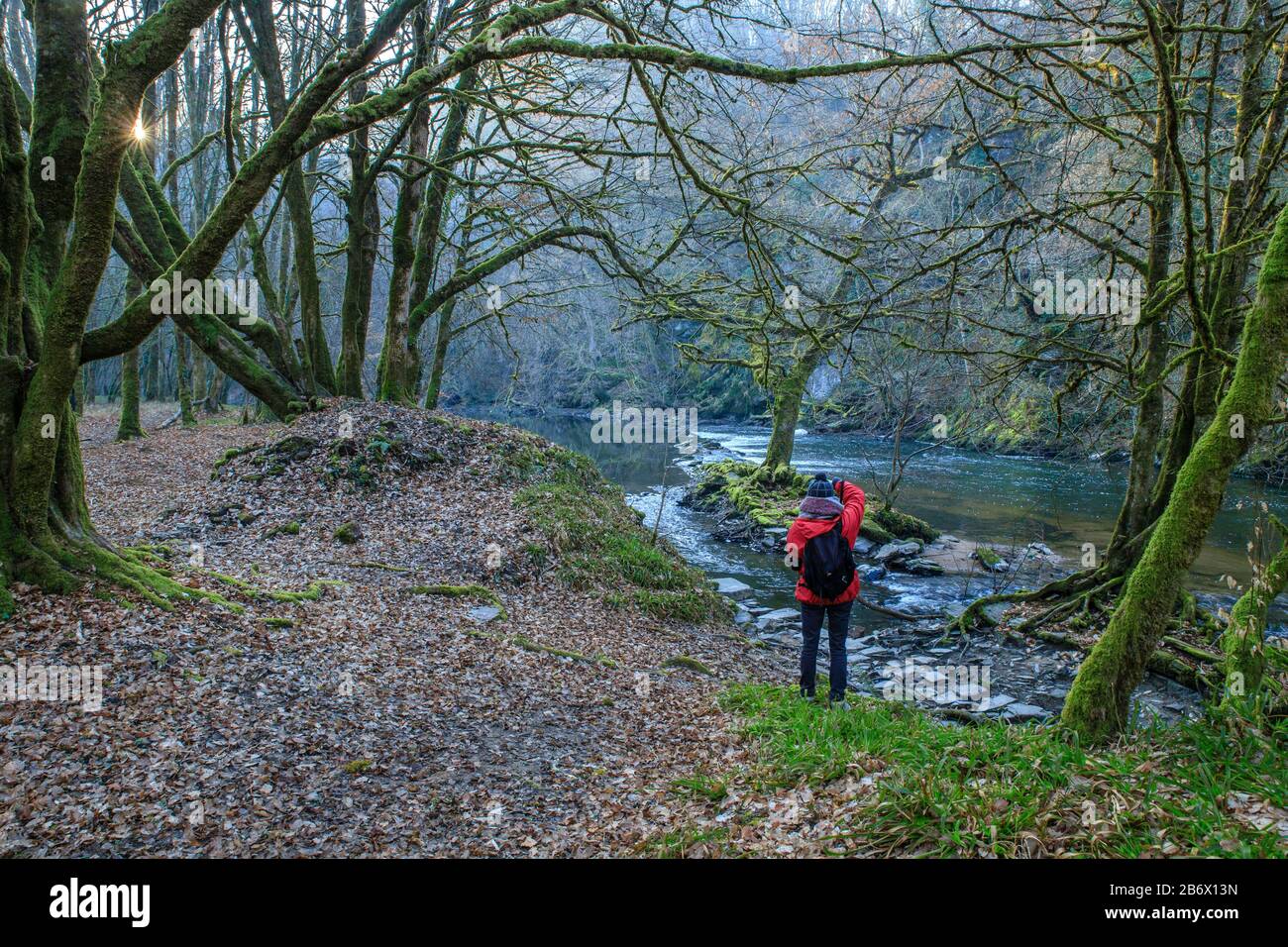 Francia, Creuse, Creuse valle, Fresselines, excursionista en las orillas del río Petite Creuse en invierno // Francia, vallée de la Creuse, Creuse (23), Fress Foto de stock