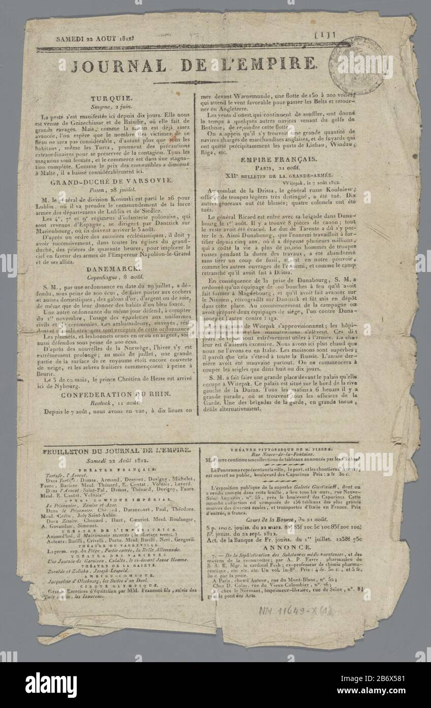 Journal de l'Empire Journal de l'Empire Tipo de propiedad: Diario número de artículo: Nm-NM-11649-X-1 Definición: Periódico francópico PP numerado de fecha; p.1, b .: 'stamedi 22 Aout 1812 Signature; r.b .: (Sello) 'DEPT DE LA SEINE'. Fabricante : intérprete: Le NormantPlaats fabricación: Paris Fecha: 22-Aug-1812 material: Papel Técnica: Dimensiones de la prensa: 35 cm l. Asunto Cuándo: 1812 - 1812 Foto de stock