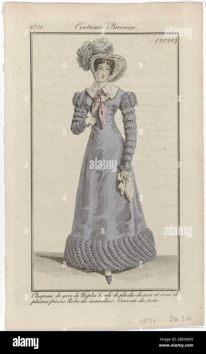 Journal des Dames et des Modes, Costume Parisien, 20 octobre 1821, (2020)  Chapeau de gros de Nápoles () Mujer de pie vestida con un vestido de  'varcelina. A la cabeza de un