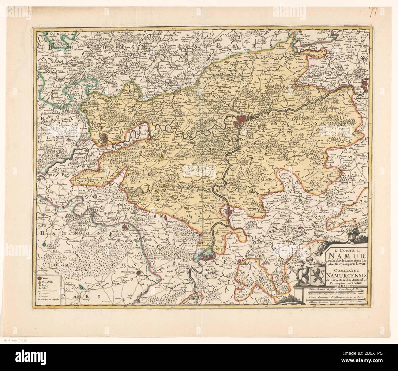 Mapa del condado de Namur. Justo debajo del título cartouche con los brazos  del condado de Namur y la escala de los dos polos inferiores: Lieues  grandes de France d'une Heurde Chemin /