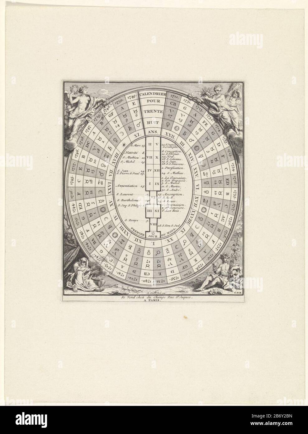 Kalender voor het jaar 1711 tot en met het jaar 1749 Calendrier pour trente  huit ans (titel op object) un calendario oval para el año 1711 al año 1749.  En medio de