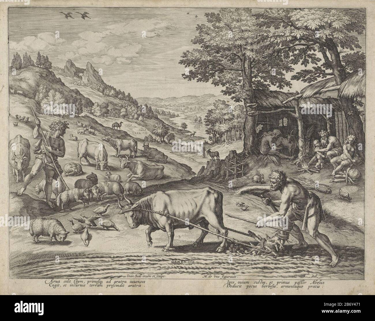 Caín arando un campo con un trekos. Abel hace un rebaño de vacas y ovejas. En el fondo derecho la choza de Adán y Eva. La impresión tiene una firma latina y es la quinta impresión de una serie de doce partes. Fabricante : impresor: Johann Sadeler (i) (mostrado sobre el objeto) al dibujo de: Marten de Vos (indicado sobre el objeto) a un diseño de: Johann Sadeler (i ) (edificio enumerado) escritor Johann Sadeler (i) editor: Johann Sadeler (i) Lugar de fabricación: Amberes Fecha: 1583 Características Físicas: Material del automóvil: Papel Técnica: Engra (proceso de impresión) Dimensiones: Borde de la plancha: Al 210 mm × An 257 mm Asunto: Cai Foto de stock