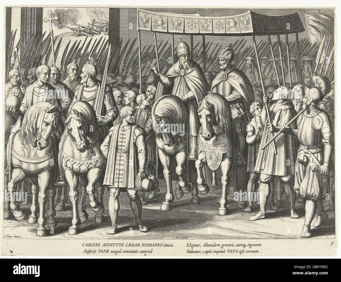 Keizerkroning van Karel V en Bolonia Triomfen van Karel V (serietitel) papa Clemens VII y Carlos V en una procesión el uno al lado del otro al emperador coronando a Karel en Bolonia. Con firma de cuatro líneas en latín. Esta impresión forma parte de una serie de ocho cuadros, cada uno un triunfo de Charles V voorstellende. Fabricante : el impresor Cornelis Boel (edificio de la lista), diseñado por Antonio Tempesta (propiedad de la lista) escritor: Nicholas Jansz. Wassenaar Lugar de fabricación: Países Bajos del Sur Fecha: 1614 Características Físicas: Grabado y engra material: Papel Técnica: Engra (proceso de impresión) Foto de stock