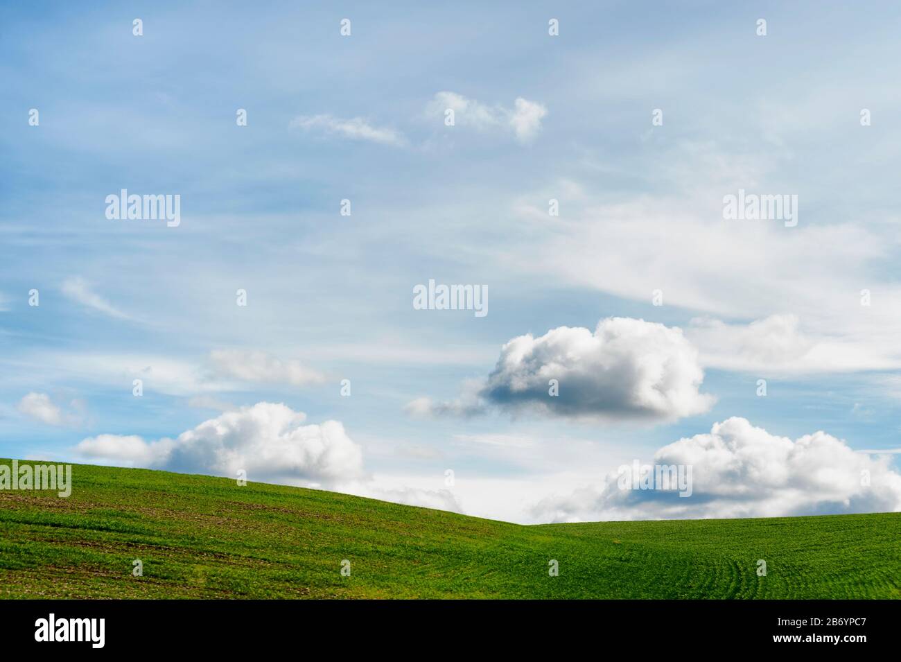 Minimalista con copyspace de colina verde rodada bajo el cielo grande con nubes iluminadas por el sol que pone. Foto de stock