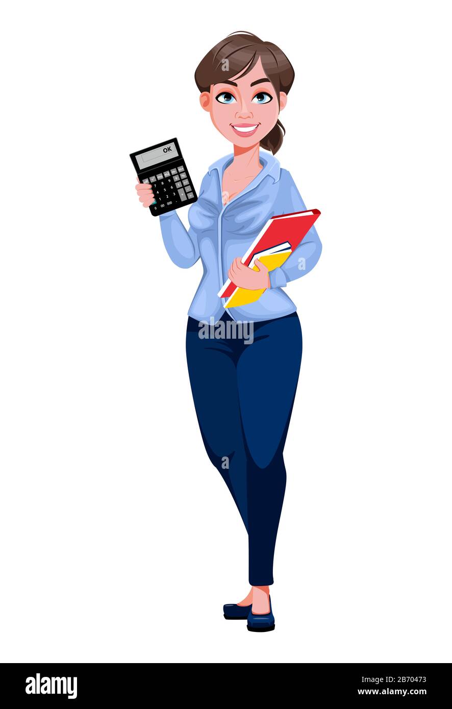 Joven hermosa mujer de negocios caricatura personaje sostiene calculadora y  documentos. Mujer de negocios bonita. Ilustración vectorial sobre fondo  blanco Imagen Vector de stock - Alamy