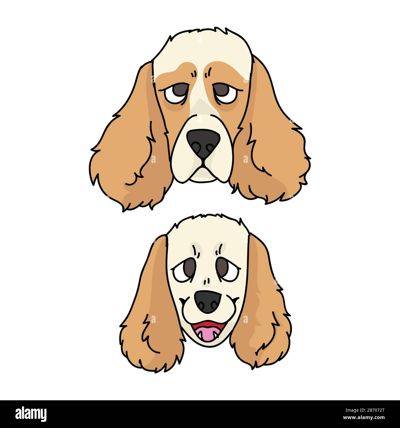 Coqueta caricatura cocker spaniel perro y cachorro caras vector clipart.  Pedigree kennel raza de perritos para los amantes de los perros.  Ilustración de salón de mascotas domésticas Imagen Vector de stock -
