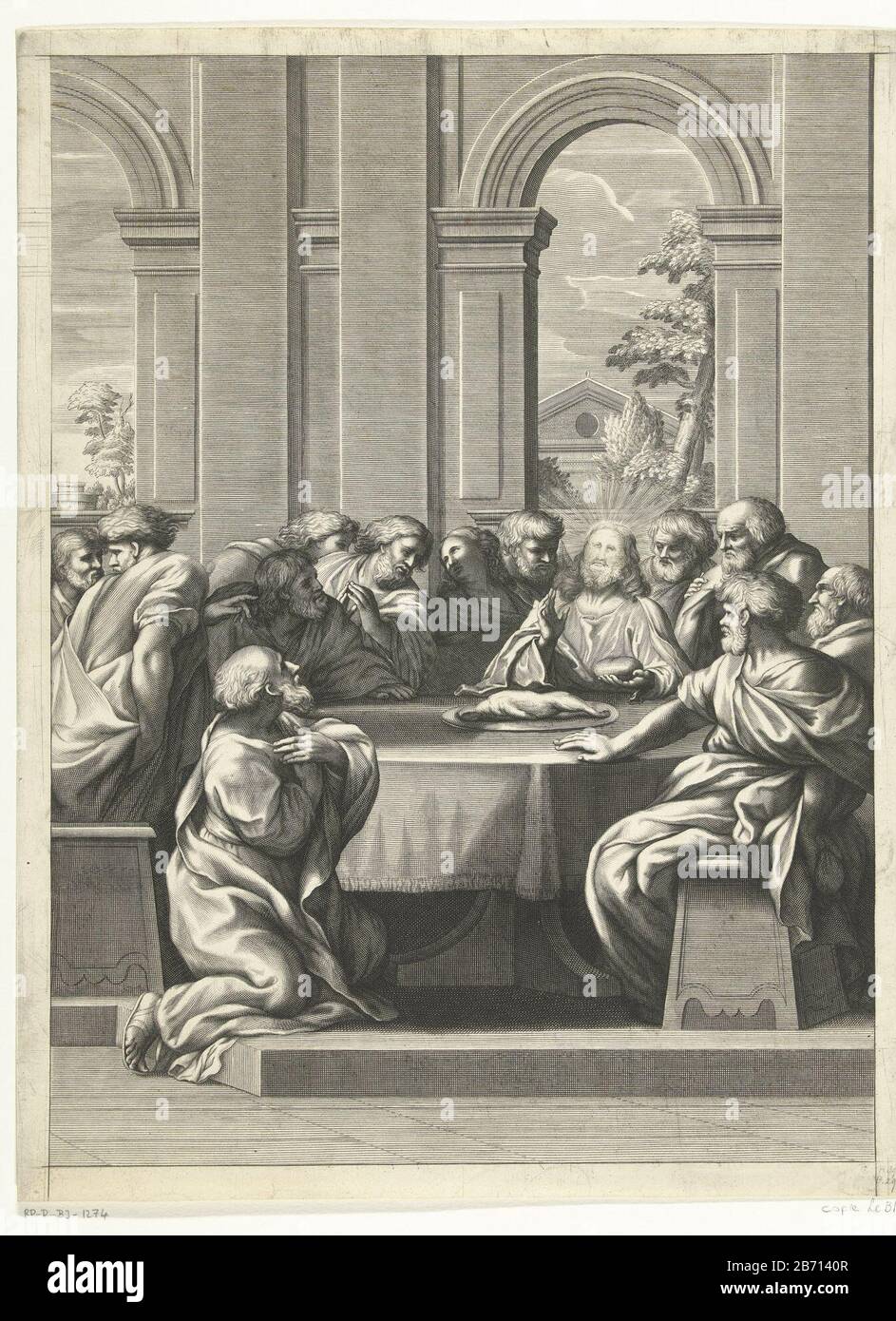 Laatste Avondmaal Los discípulos se sentaron alrededor de una mesa  rectangular. Cristo está en medio y consagra el pan. En la mesa hay un  pedazo de gebraad. Fabricante : a imprimir por:
