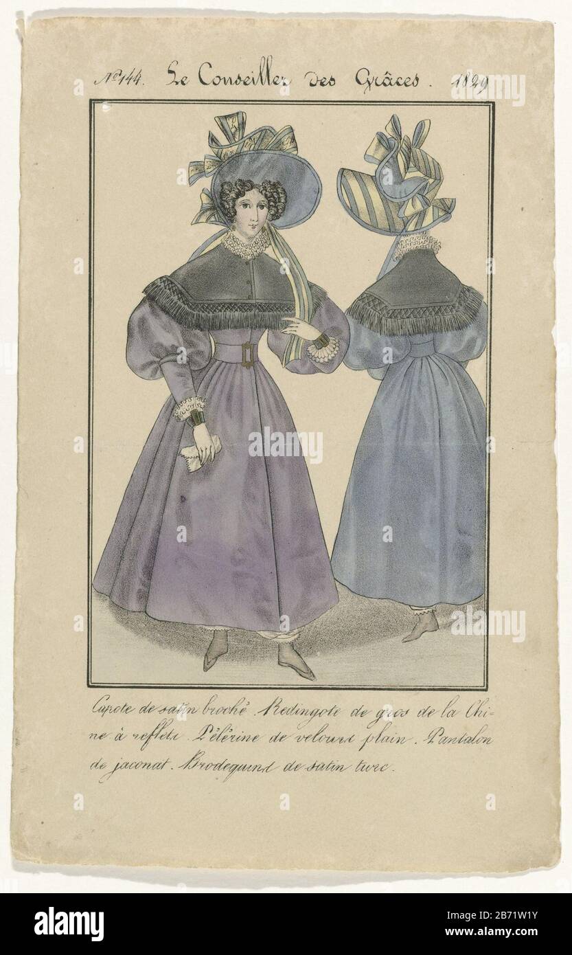 Capote satinado cosido. Redingote de 'gros de la Chine à reflet'. Cabo de  'llanura de Verlvet. Pantalones largos jaconat. Botas de satén turc.  Fabricante : impresor: Anónimo Fecha: 1829 Características Físicas:  Litografía,