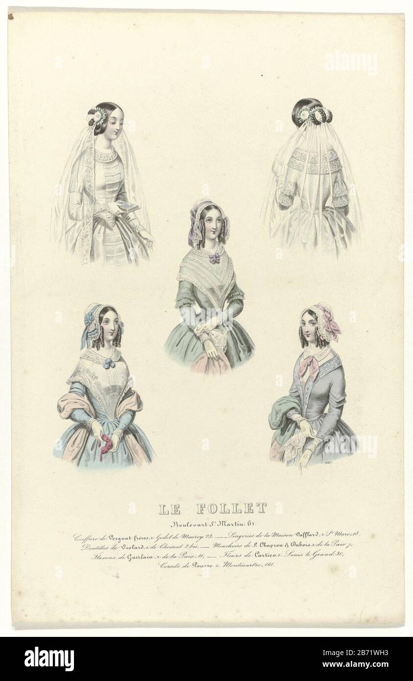 Le Follet, 1841, no 1287 Coiffure de Verguat () Cinco mujeres en la mitad de la longitud, de las cuales hay dos que llevan un vestido de boda con velo. Según la Le Follet, 1841, no 1287 Coiffure de Verguat () Cinco mujeres en la mitad de la longitud, de las cuales hay dos que llevan un vestido de boda con velo. Según la