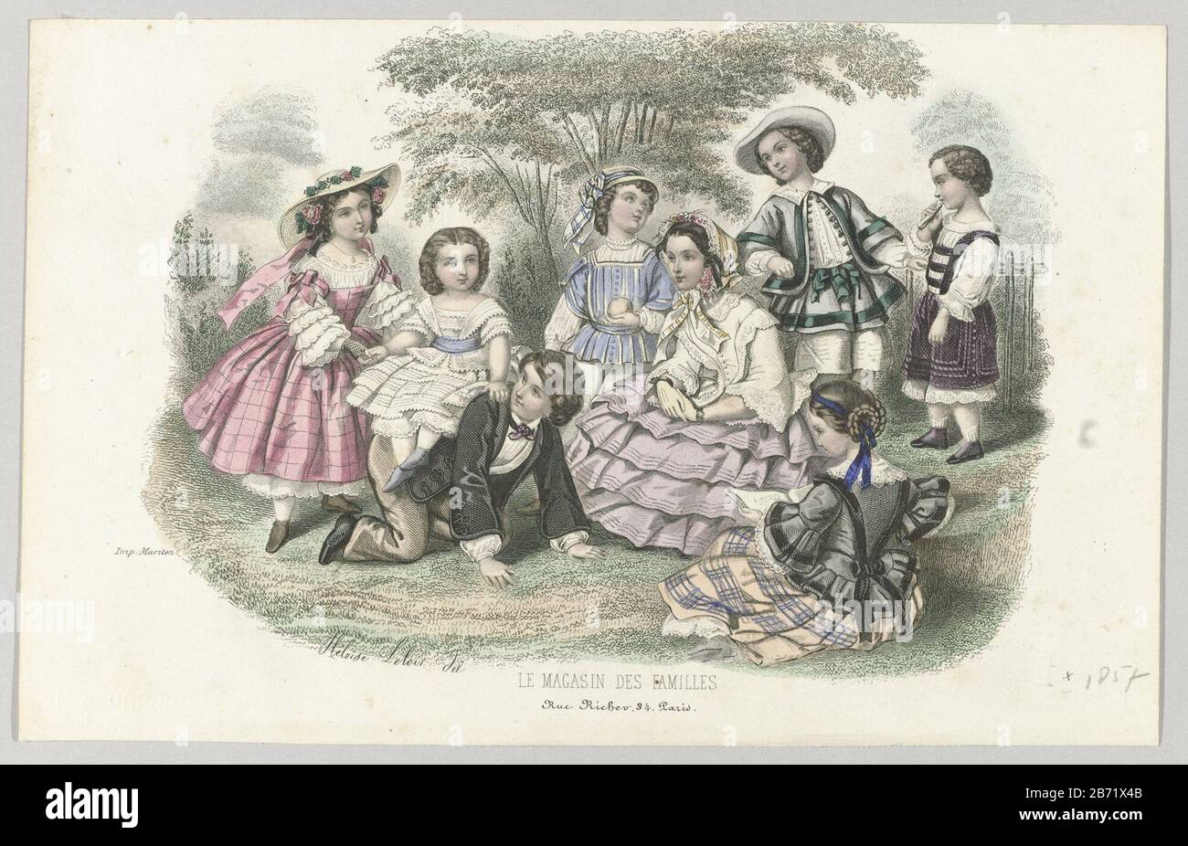 Le Magasin des Familles, CA 1857 niños: Cuatro niñas y cuatro niños de  diferentes edades en un parque. Una niña se sienta en la parte trasera de  un niño, arrastrándose a lo