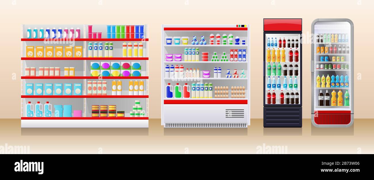 Tienda frigoríficos, escaparate de refrigeración con coloridos paquetes de productos Ilustración del Vector
