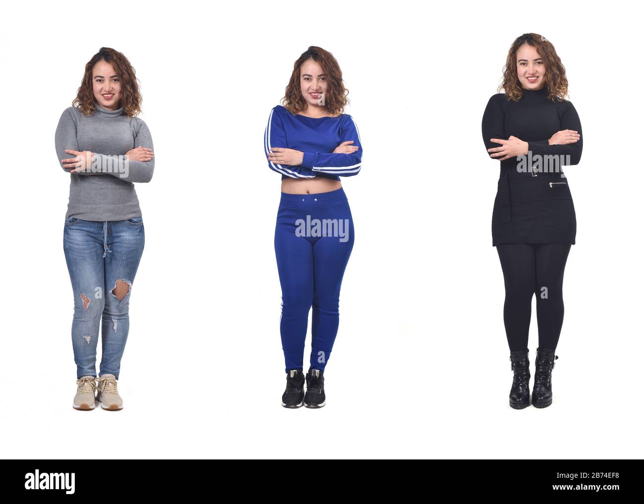 la misma mujer con ropa informal elegante y ropa deportiva, los brazos  cruzados Fotografía de stock - Alamy