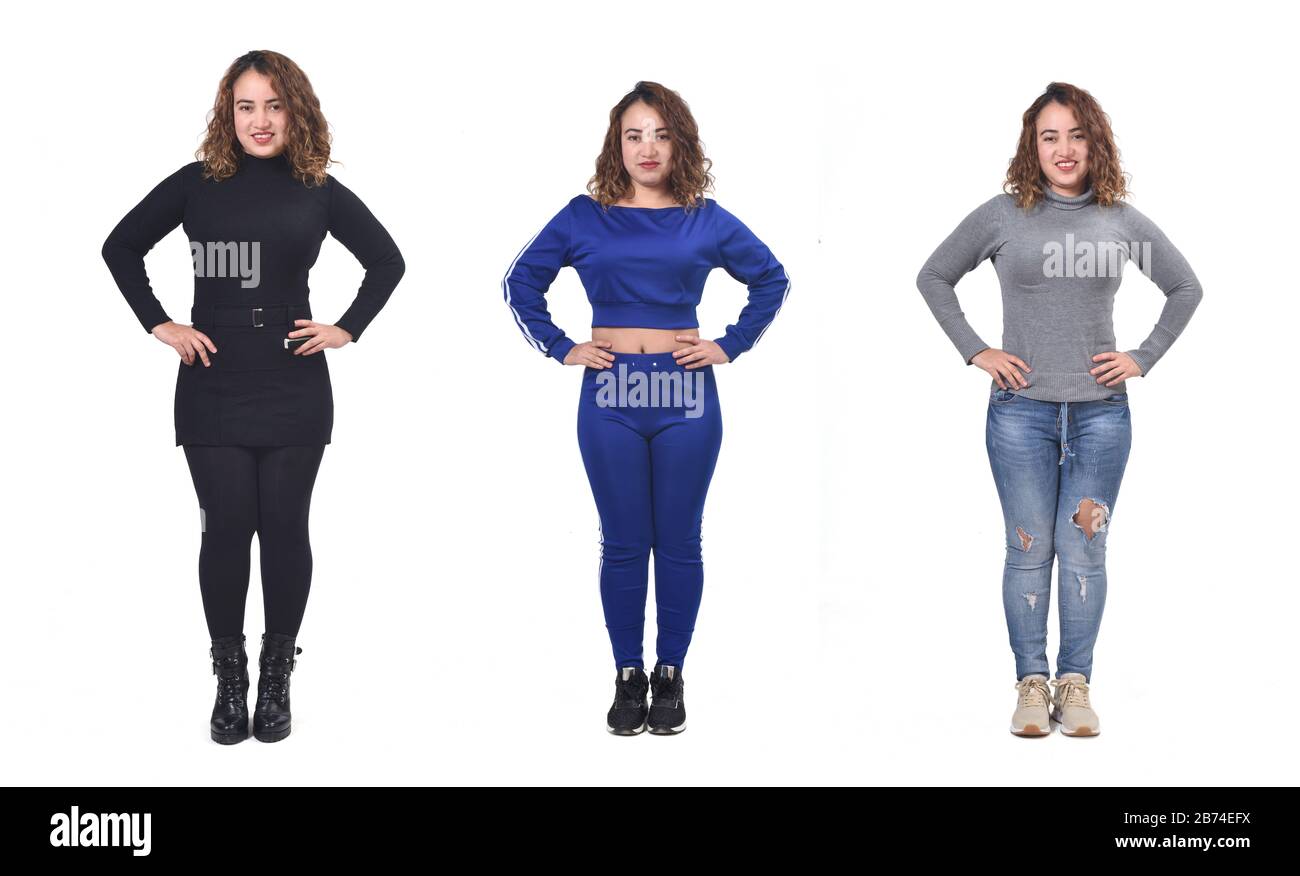 la misma mujer con ropa informal elegante y ropa deportiva, manos en hp  Fotografía de stock - Alamy