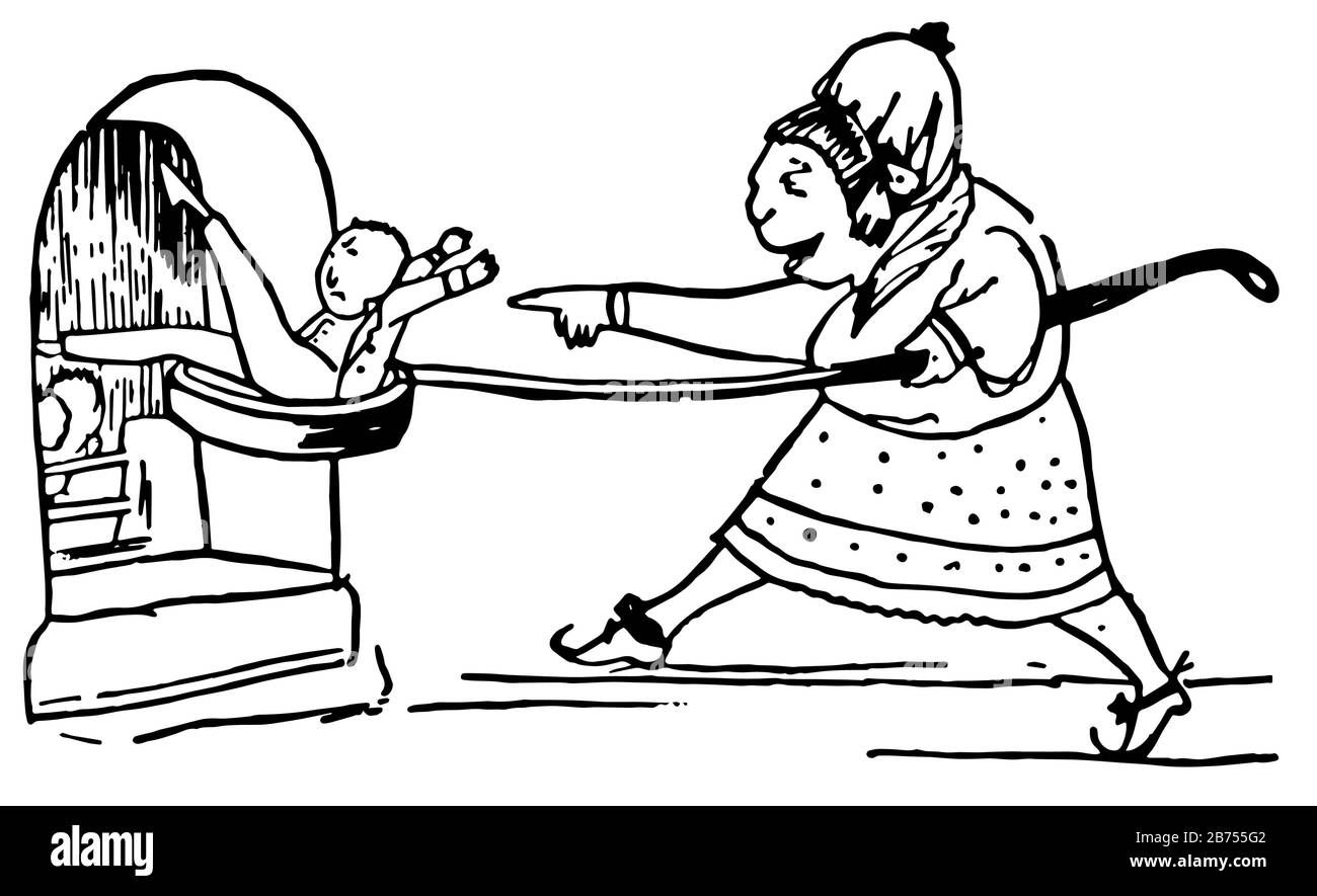 Edward Lear, esta escena muestra a una dama sosteniendo una cuchara grande  en una mano y un niño en la superficie plana de la cuchara, dibujo de línea  vintage o ilustración de