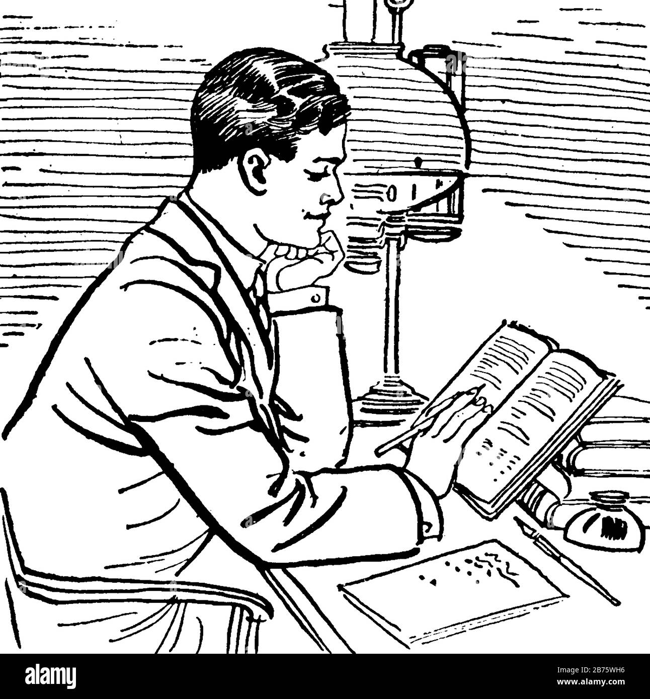 Estudiar, libro, niño, escritorio, lámpara, escribir, dibujo de línea  vintage o ilustración de grabado Imagen Vector de stock - Alamy