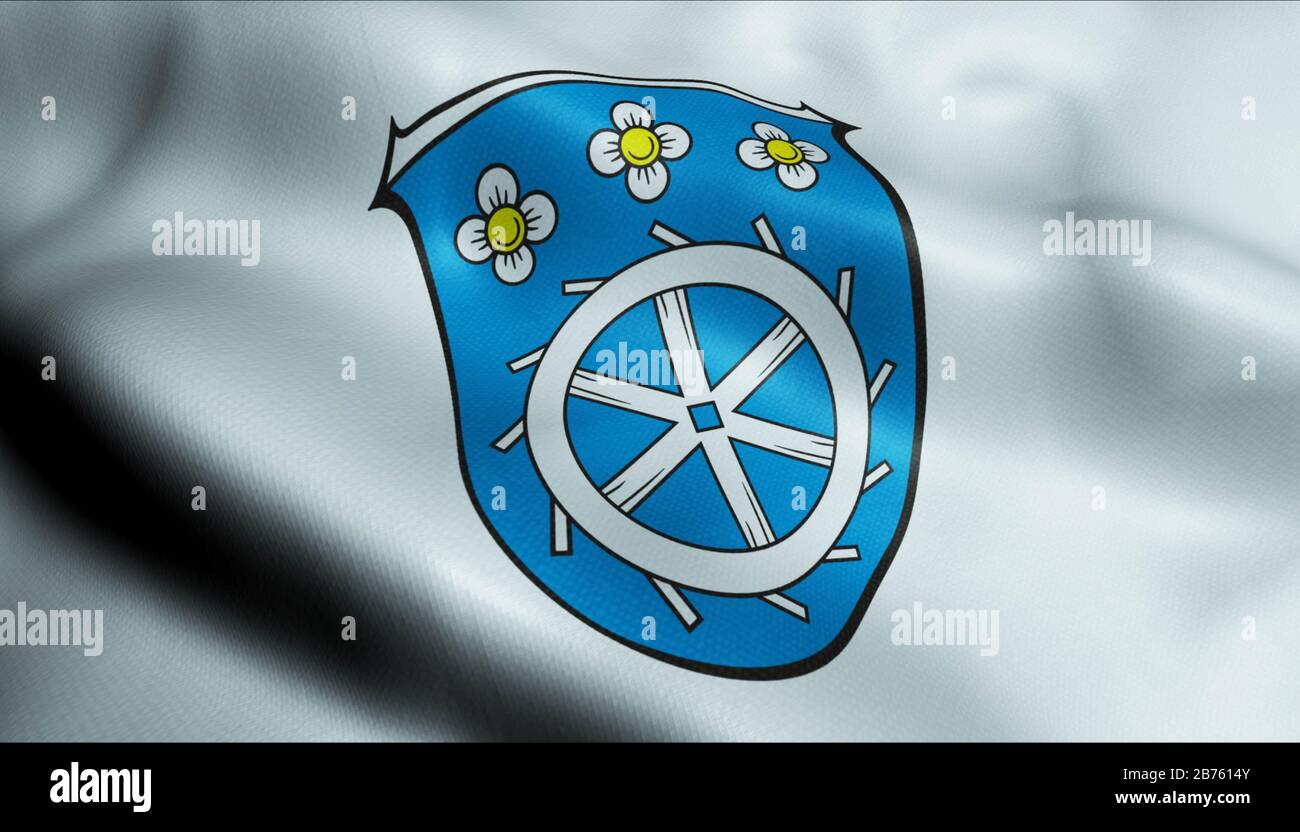 Ilustración 3D de un escudo de guerra bandera de Muhlheim am Main (Alemania país) Foto de stock