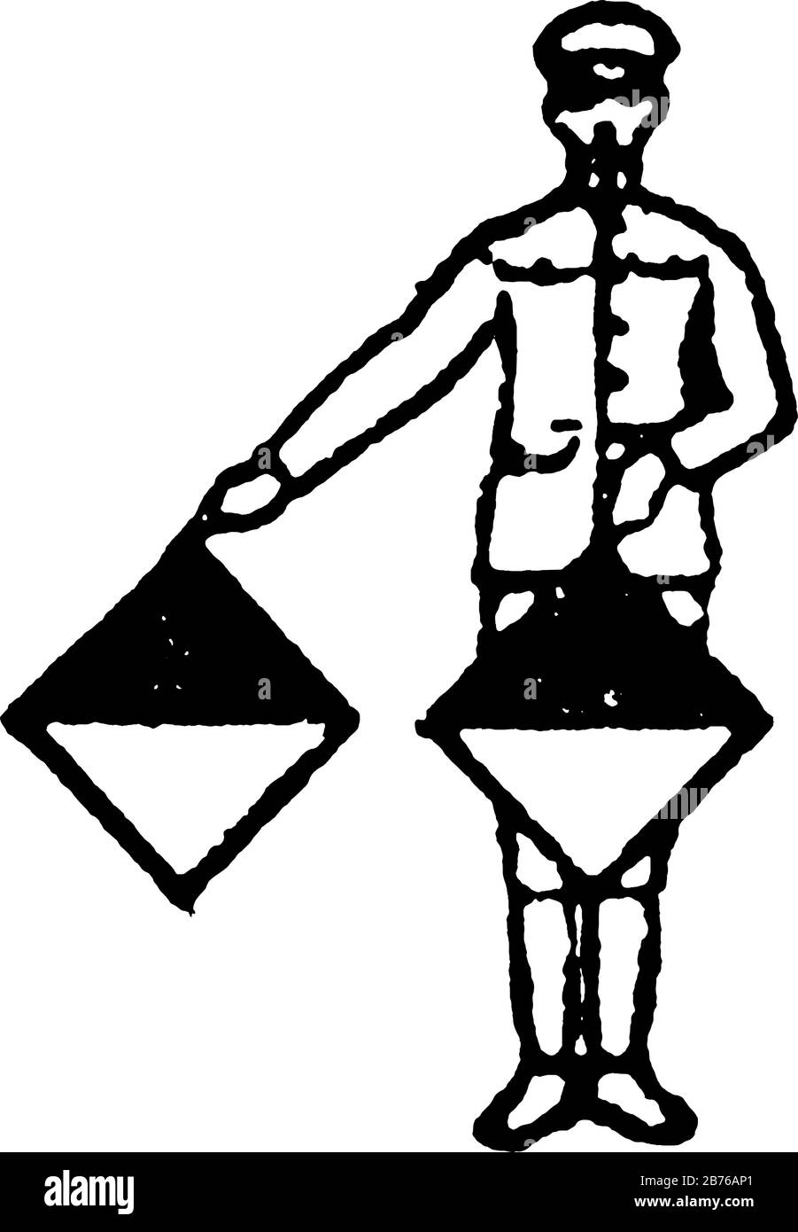 Bandera, da la señal de UN alfabeto, o el número 1, Hombre sosteniendo cruzar dos banderas cuadradas en la mano derecha y una está en el centro de su cuerpo, la línea vintage dra Ilustración del Vector