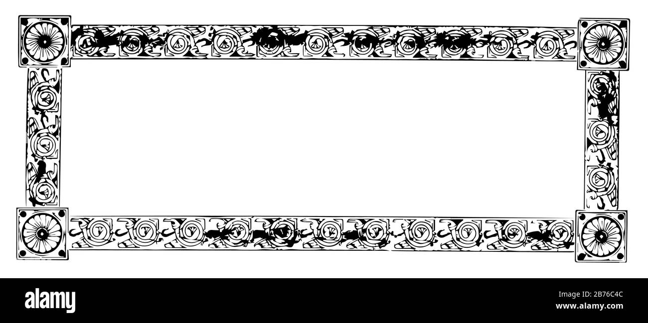 Pancarta ornamentada tiene un patrón floral en cuatro esquinas en este borde, dibujo de línea vintage o ilustración de grabado. Ilustración del Vector