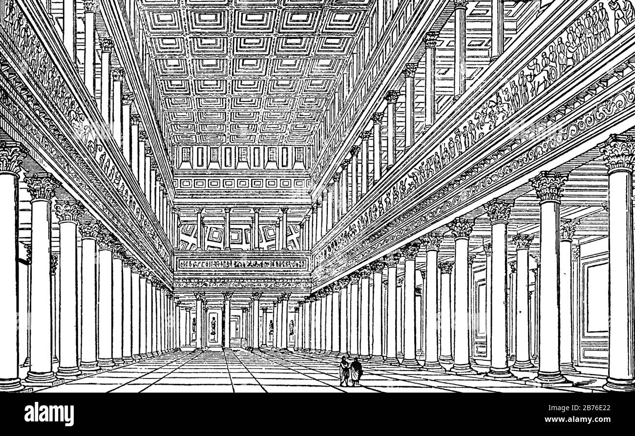Interior de la Basílica de Trajano, como restaurado por Canina, antiguo edificio cívico romano, el nombre completo era Marcus Ulpius Traianus, dibujo de la línea de la vendimia o eng Ilustración del Vector