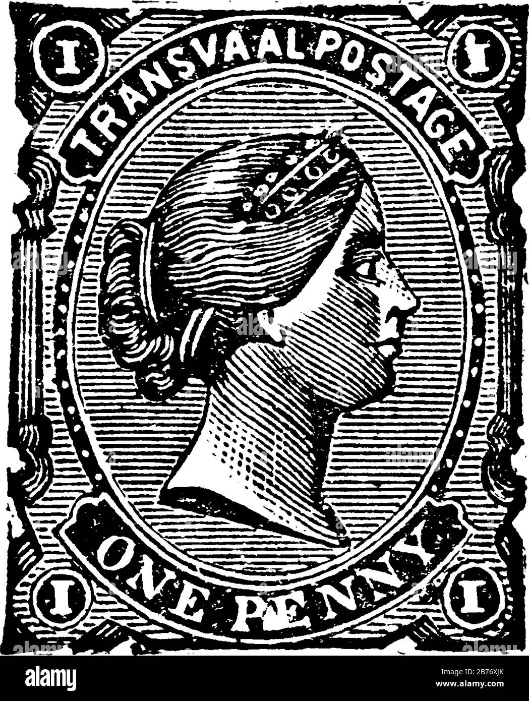 Sello de la República de Sudáfrica (1 centavo) de 1878-1881, un pequeño pedazo de papel adhesivo fue pegado a algo para mostrar una cantidad de dinero pagado, vintage Ilustración del Vector