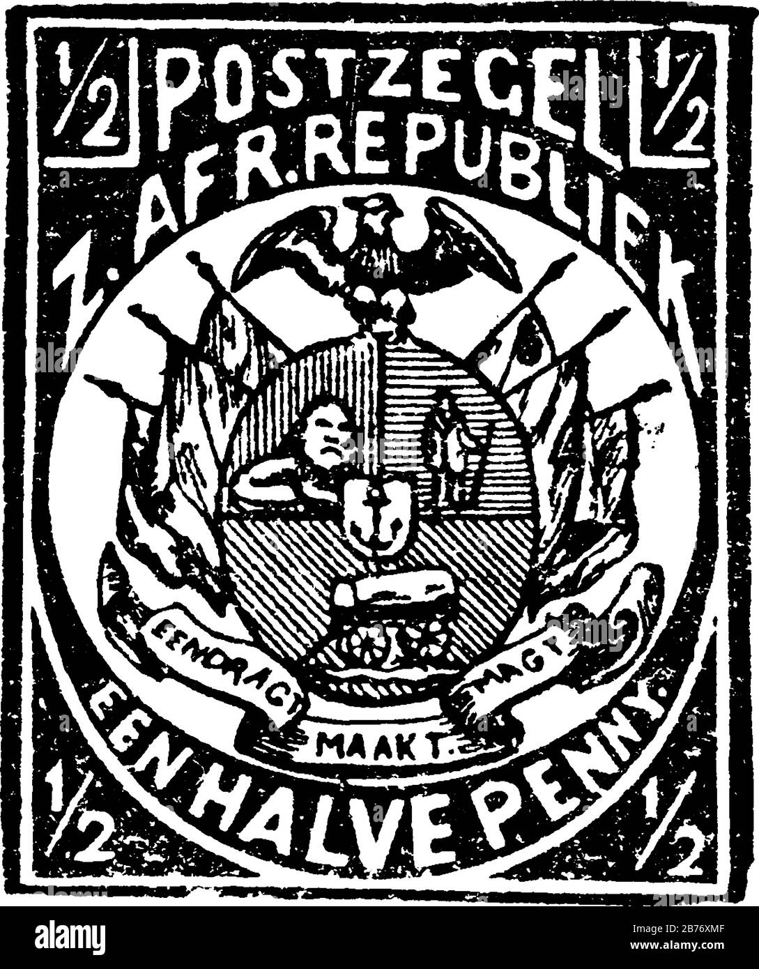 Sello de la República de Sudáfrica (1/2 penique) a partir de 1885, un pequeño trozo de papel adhesivo pegado a algo para mostrar una cantidad de dinero pagado, línea de cosecha d Ilustración del Vector