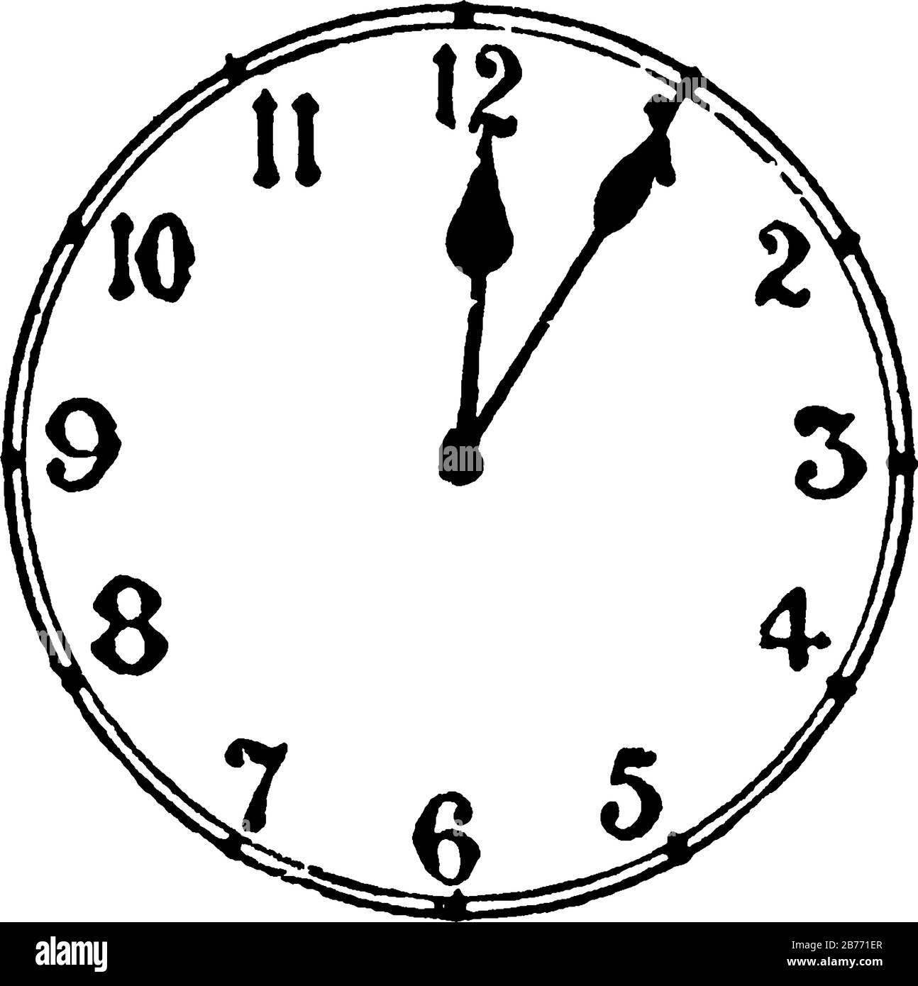 Una representación típica de un reloj de pared redondo que lo muestra es 5  minutos después de 12, dibujo de línea vintage o ilustración de grabado  Imagen Vector de stock - Alamy