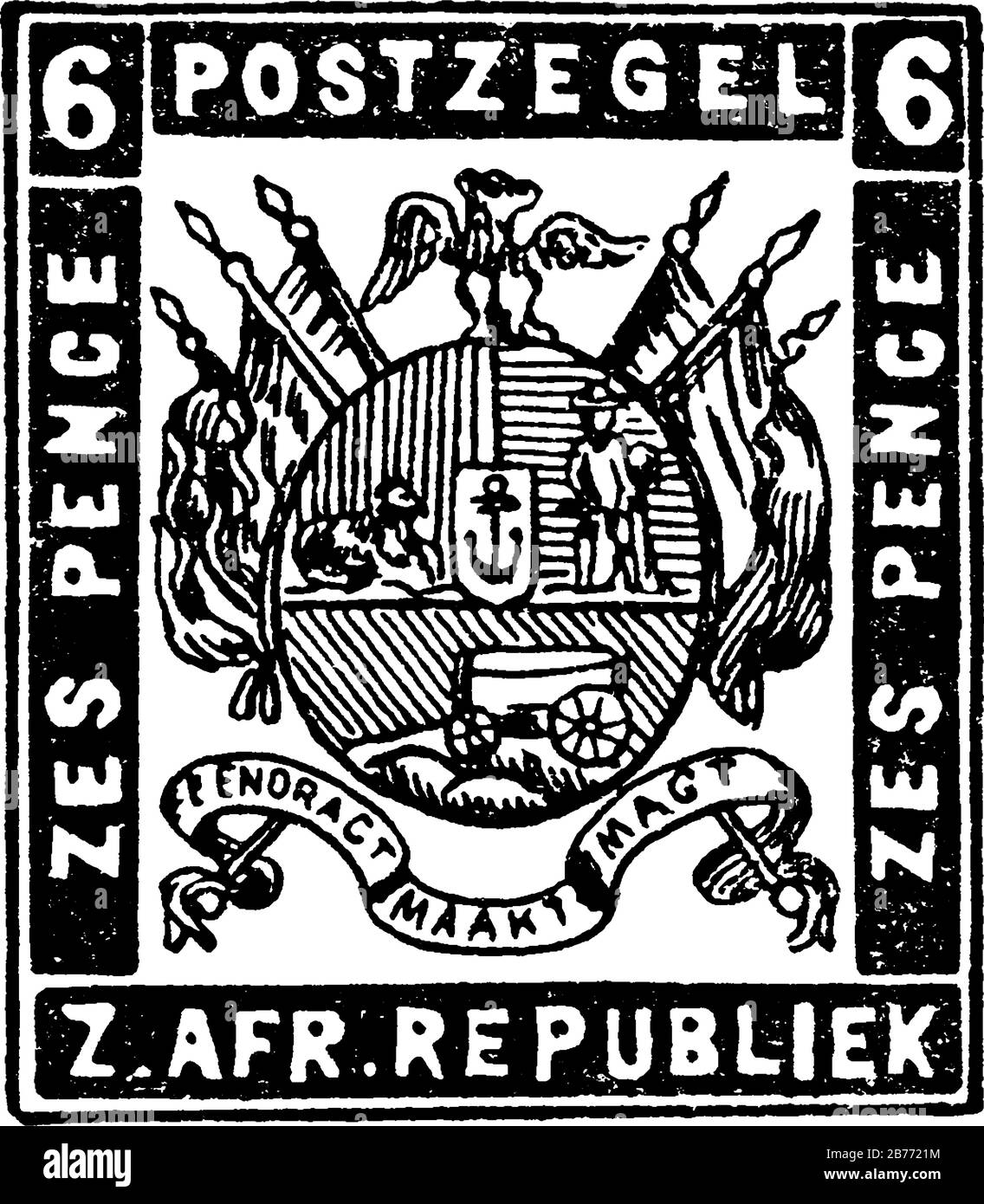 Sobre de la República de Sudáfrica (6 pence) de 1872-1873, un pequeño pedazo de papel adhesivo fue pegado a algo para mostrar una cantidad de dinero pagado, la pinta Ilustración del Vector