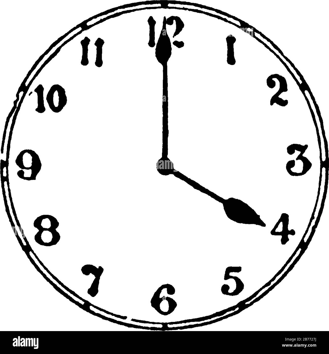 la imagen muestra el reloj que dice que es de las 4 en punto, mostrando  tres tamaños diferentes de relojes en él, dibujo de línea vintage o grabado  Imagen Vector de stock -