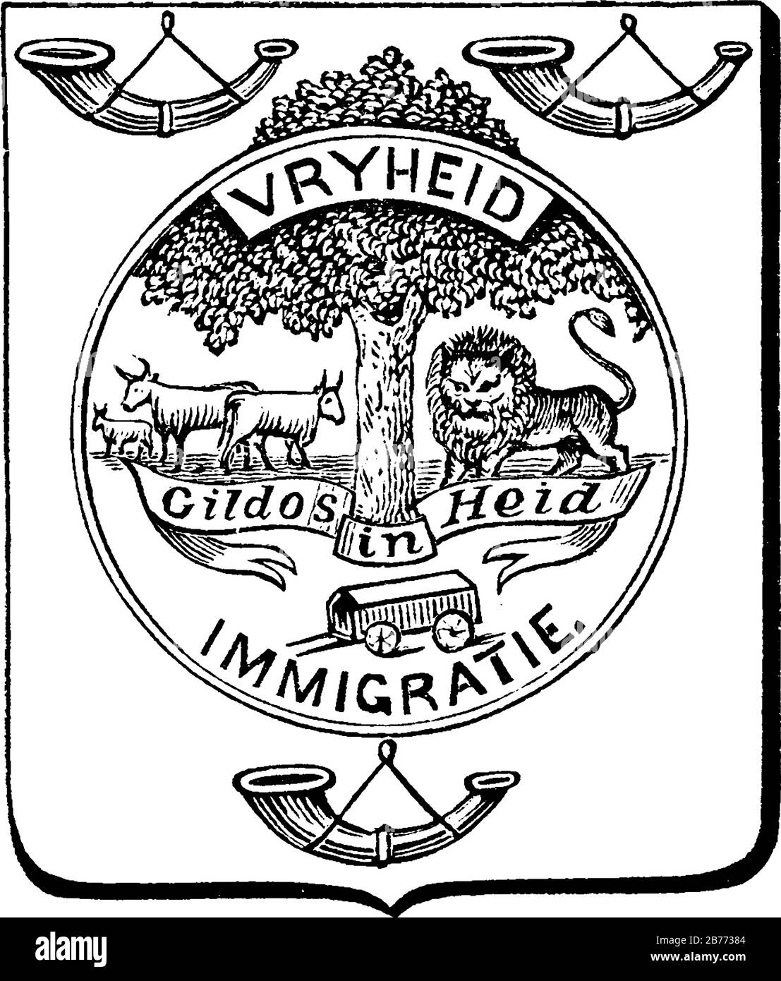 Escudo de armas, República de Sudáfrica, representado con tres cuernos de bugle, árbol, animales y algunos escritos, dibujo de línea vintage o ilustración de grabado Ilustración del Vector