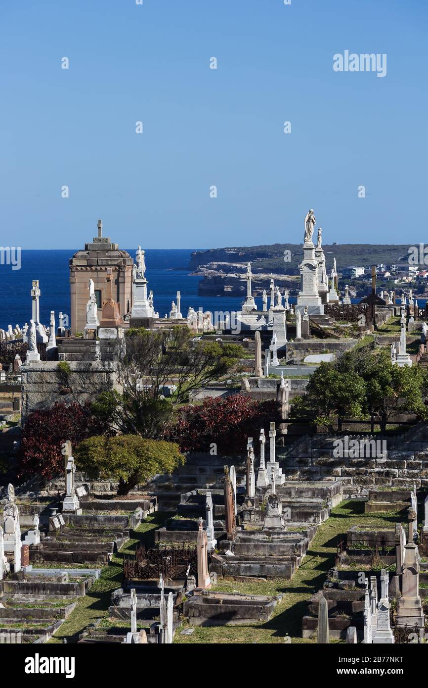 El Cementerio Waverley es un cementerio catalogado como patrimonio histórico en la cima de los acantilados de Bronte, en los suburbios del este de Sydney, Nueva Zelanda, Australia. El paseo por la costa wa Foto de stock
