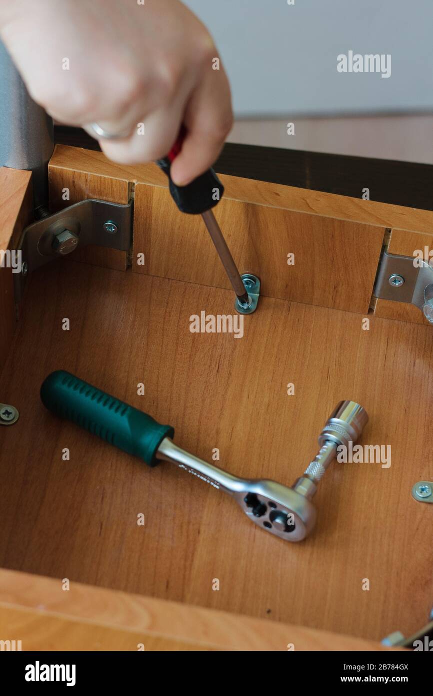 Atornillar el tornillo a una silla de madera con el destornillador  Fotografía de stock - Alamy
