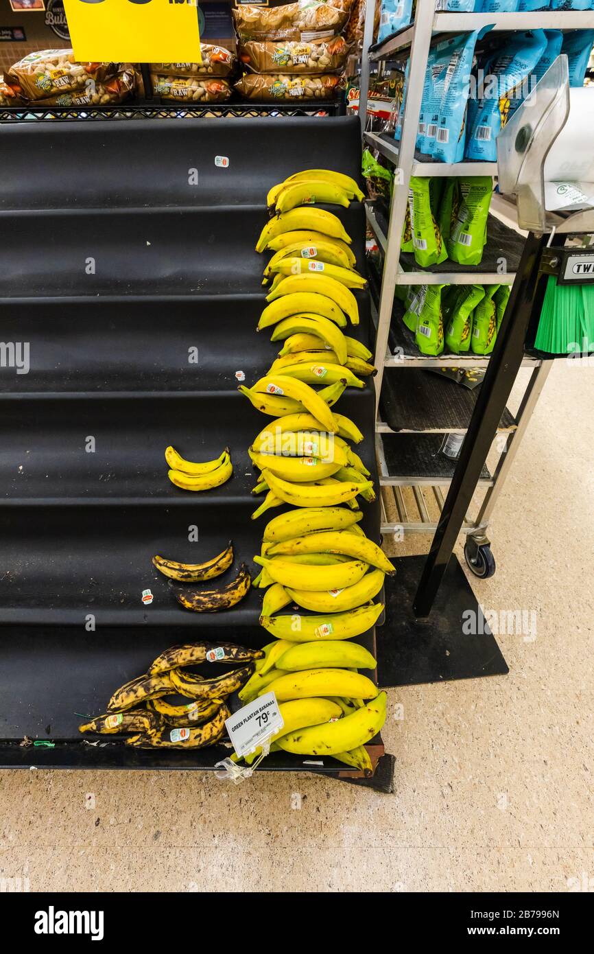 Estantes casi vacíos de plátanos en un supermercado tienda de comestibles como coronavirus causa miedo y pánico Foto de stock