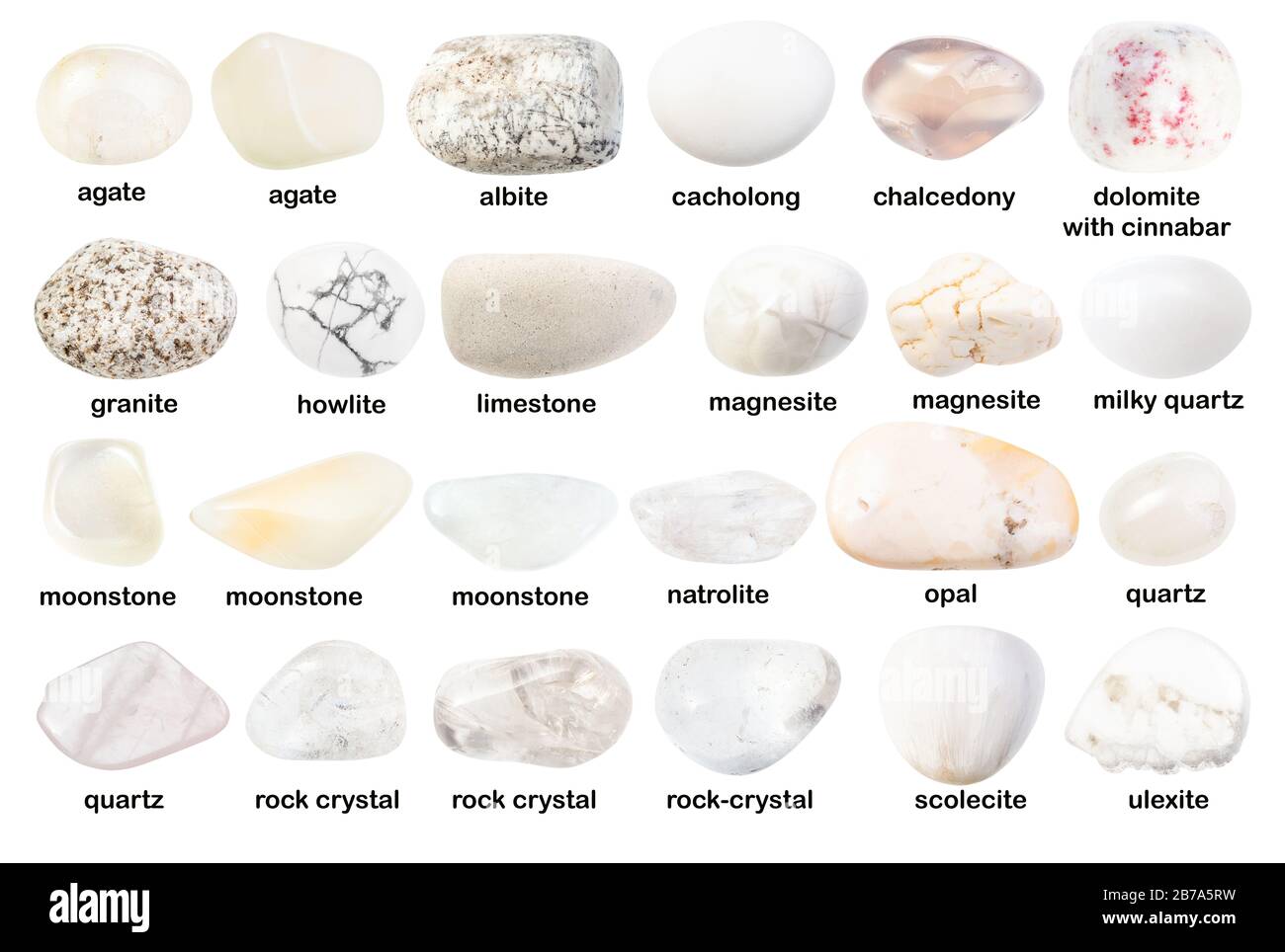 conjunto de varias piedras preciosas blancas con nombres (ulexita