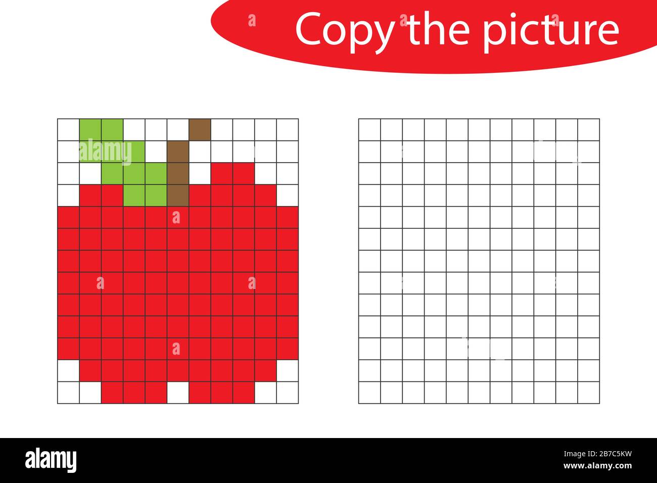 Copiar el cuadro, pixel art, dibujos animados de manzana, entrenamiento de  habilidades de dibujo, juego de papel educativo para el desarrollo de niños,  actividades preescolares de niños Imagen Vector de stock 