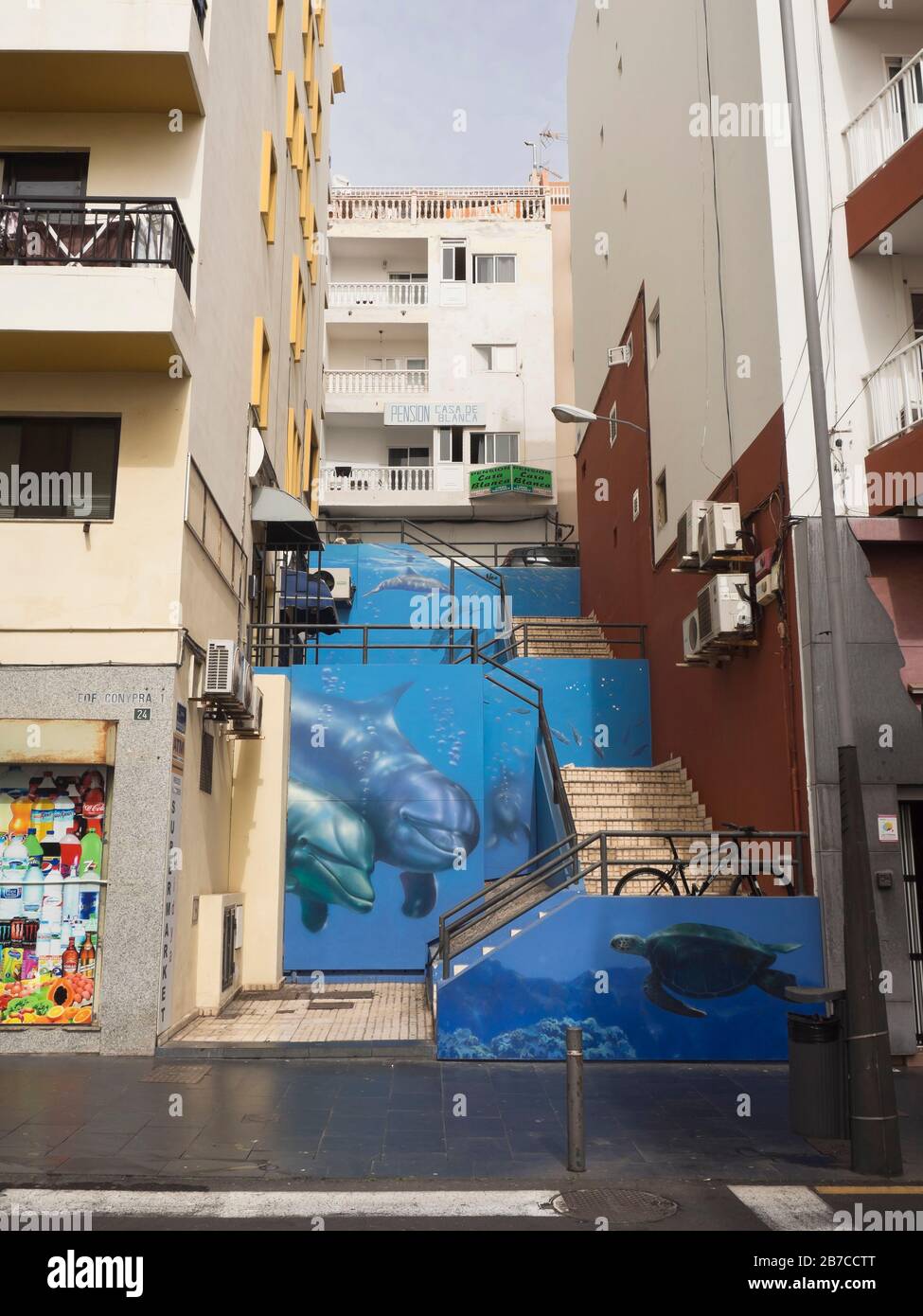 Escalera temática marina en un callejón en el centro de los cristianos en la isla de Tenerife España, delfines y mural de tortugas Foto de stock