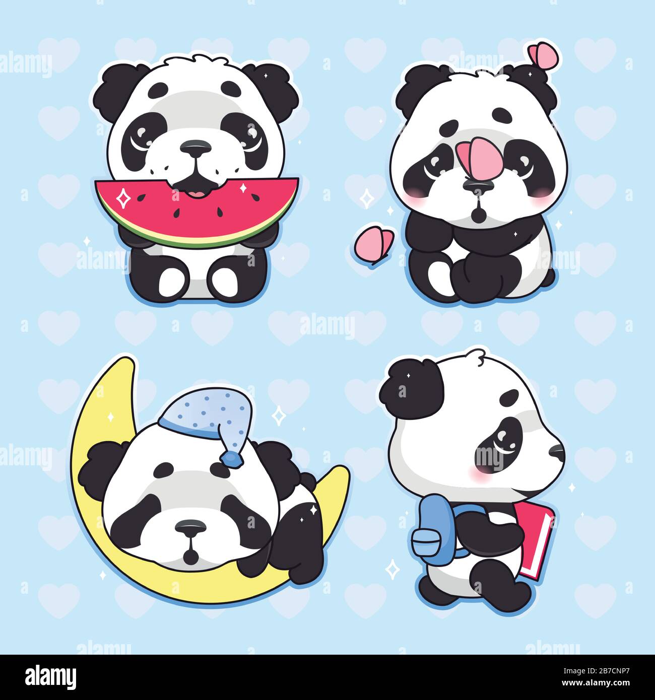 Lindo panda kawaii dibujos animados vectores conjunto de personajes.  Adorable y divertido animal comiendo sandía, durmiendo en la luna sticker  aislado, paquete de parches. Anime Imagen Vector de stock - Alamy
